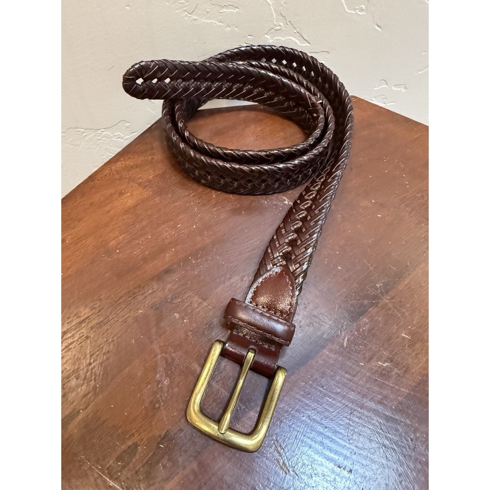 Vintage Dark Brown Leather Braided Woven Belt 40 Solid Brass Buckle Casual Boho